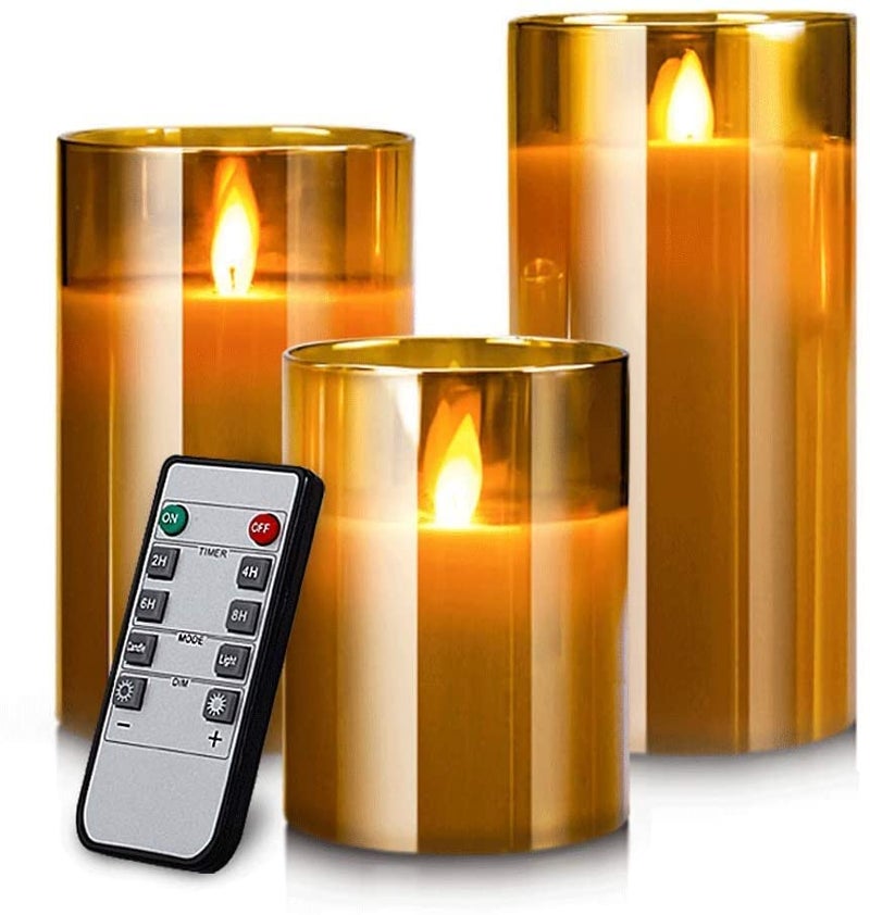 LTETTES Flameless LED Battery Powered Candles with Swiveling Wick Paraffin Wax Transparent Glass Pillar Cup Candle Set of 3 - 4" 5" 6" Height with Remote Controller for Home Decor Party Festival Wedding Decoration (Amber) - Image 1