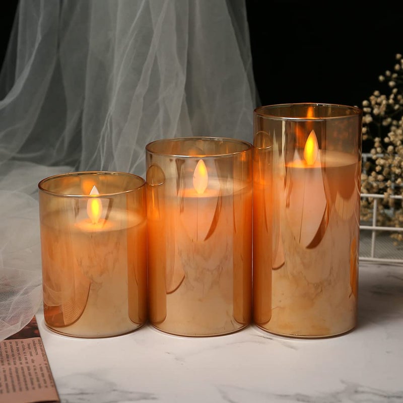 LTETTES Flameless LED Battery Powered Candles with Swiveling Wick Paraffin Wax Transparent Glass Pillar Cup Candle Set of 3 - 4" 5" 6" Height with Remote Controller for Home Decor Party Festival Wedding Decoration (Amber) - Image 4