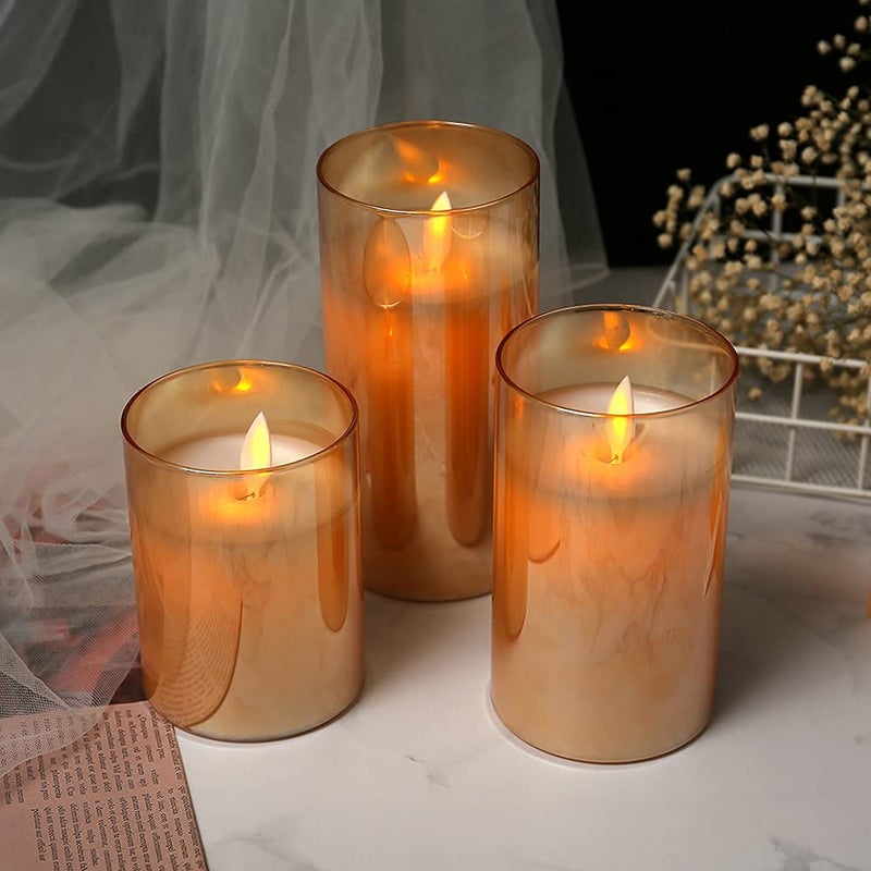 LTETTES Flameless LED Battery Powered Candles with Swiveling Wick Paraffin Wax Transparent Glass Pillar Cup Candle Set of 3 - 4" 5" 6" Height with Remote Controller for Home Decor Party Festival Wedding Decoration (Amber) - Image 2