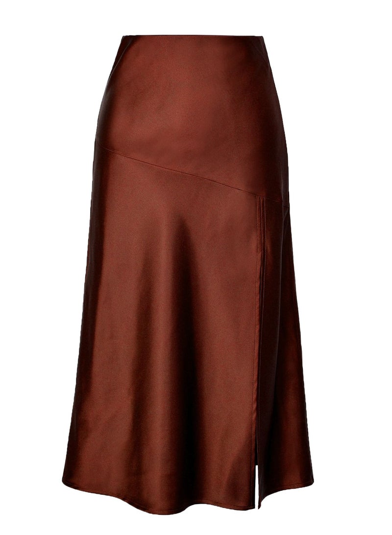 Loquat Women's Solid Color Satin Midi Skirt High Waist Swing Midi Skirt With Side Slit Brown  - Image 3