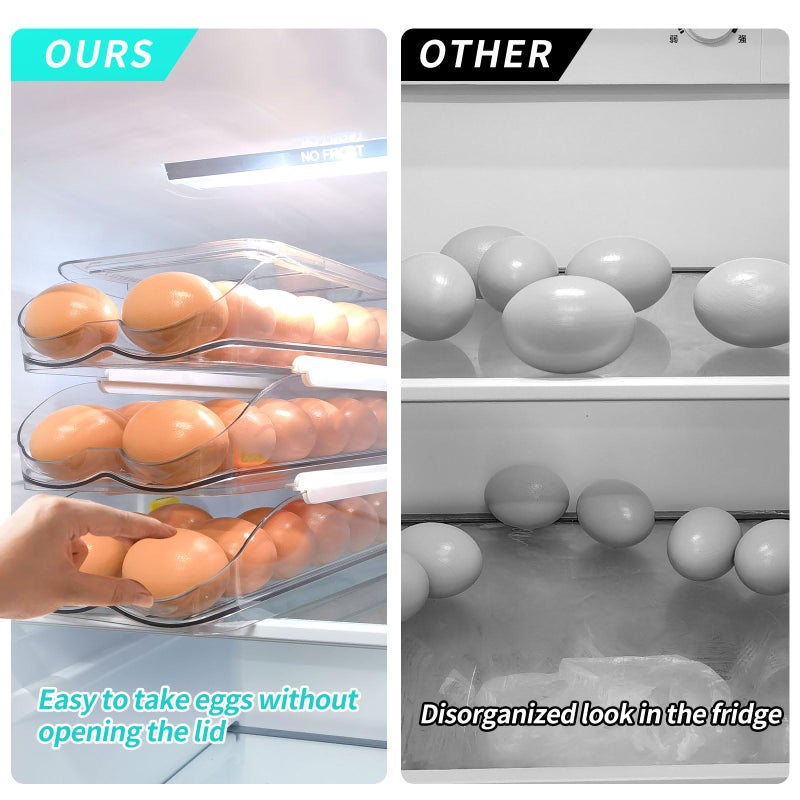 RoskDeewat Egg Holder for Fridge, Automatic Rolling Egg Container for Refrigerator, Stackable Fridge Organizers and Storage with Lid, Clear Plastic Egg Dispenser,Bin & Tray (1 Tier) - Image 3