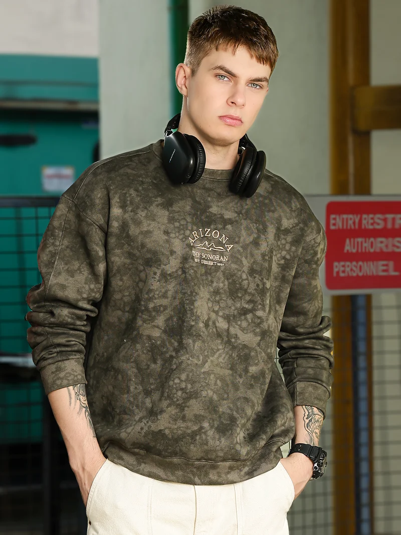 مانياك Maniac Mens Oliflex Embroidery Round Neck Full Sleeve Olive Fleece Sweatshirt
