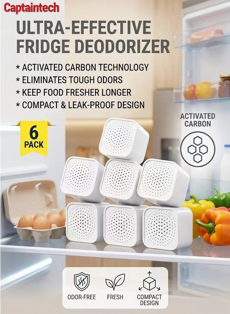 Captaintech 6-Piece Reusable Refrigerator Odor Absorber Box, Activated Charcoal Fridge Deodorizer u0026 Air Purifier Dehumidifier for Home, Kitchen, Cabinets - Image 1