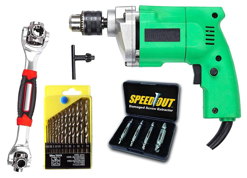 Shopper52 10mm Powerful Electric Drill Machine with 13Pcs Drill Bit Set Screw Remover Extractor and 48in1 Wrench Spanner Set - Image 1