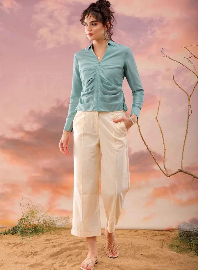 Freehand Freehand Women Green Regular Fit Top with Zip Closure