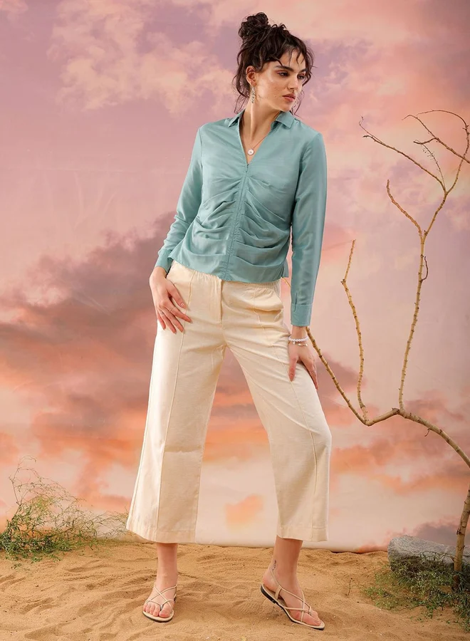 Freehand Freehand Women Green Regular Fit Top with Zip Closure