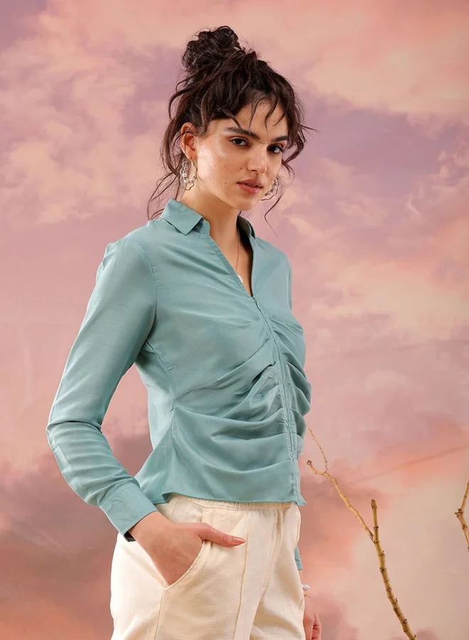 Freehand Freehand Women Green Regular Fit Top with Zip Closure