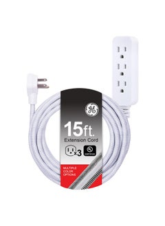 GE 3-Outlet Power Strip Extension Cord with Multiple Outlets 15 Ft Braided Short Cord Extension Cord Grounded Flat Plug Extension Cord ETL Listed White 40530