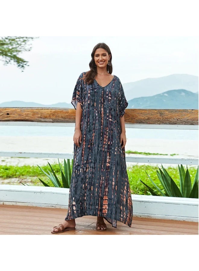 European And American Rayon Tie-dyed Beach Jumpsuit Long Dress Loose Robe Bikini Swimsuit Outer Blouse Sun Protection Shirt-Color:ZS1657-25 Rainbow Color-  - Image 3