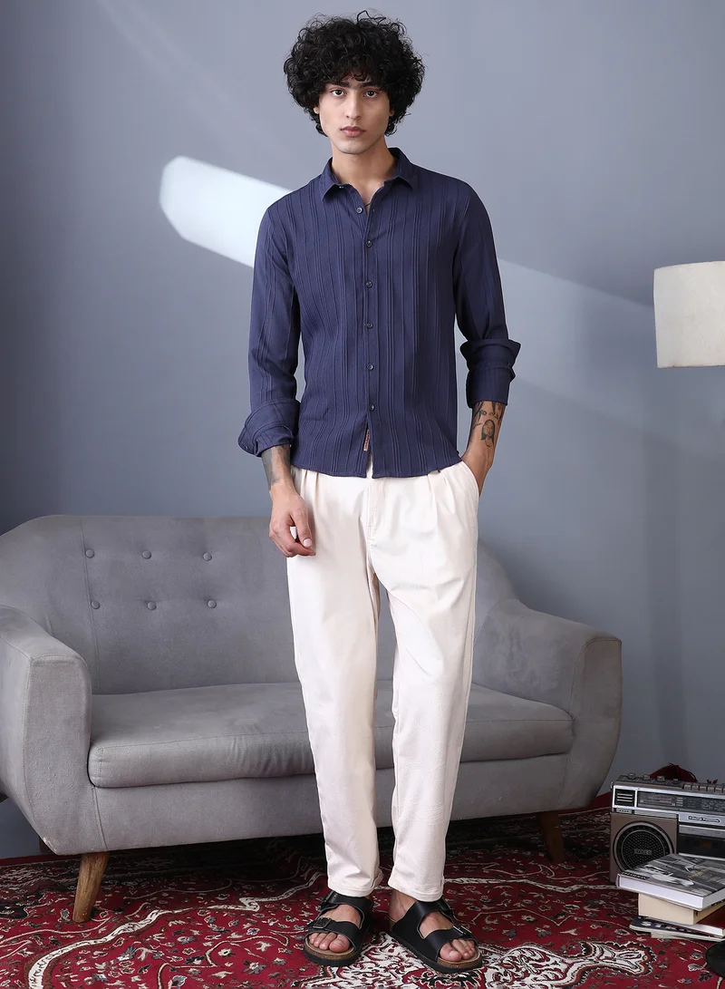 Campus Sutra Campus Sutra Men's Navy Blue Multitrack-Tactile Shirt For Casual Wear | Spread Collar | Long Cuffed Sleeves | Button Closure | Shirt Crafted With Comfort Fit For Everyday Wear