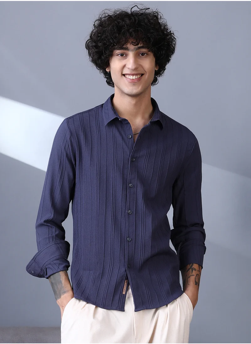 Campus Sutra Campus Sutra Men's Navy Blue Multitrack-Tactile Shirt For Casual Wear | Spread Collar | Long Cuffed Sleeves | Button Closure | Shirt Crafted With Comfort Fit For Everyday Wear