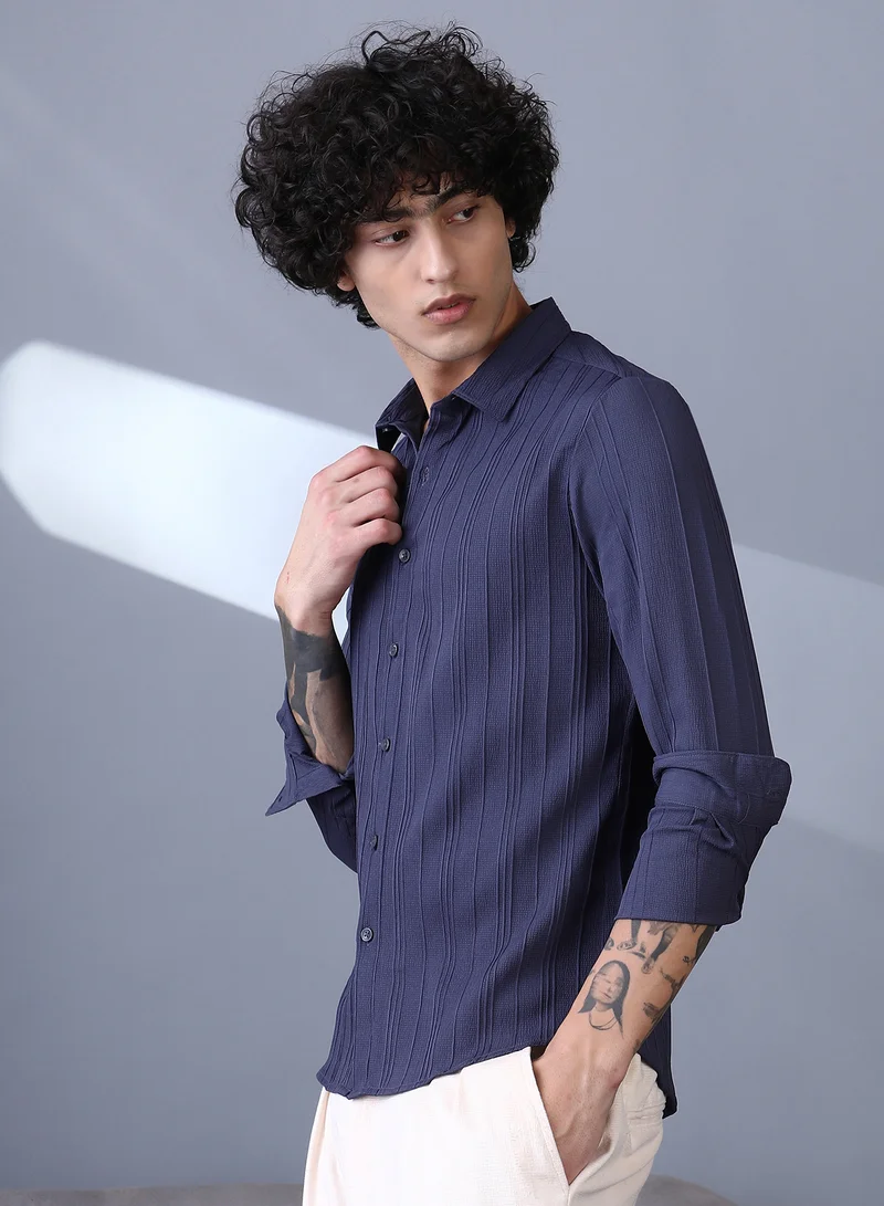 Campus Sutra Campus Sutra Men's Navy Blue Multitrack-Tactile Shirt For Casual Wear | Spread Collar | Long Cuffed Sleeves | Button Closure | Shirt Crafted With Comfort Fit For Everyday Wear
