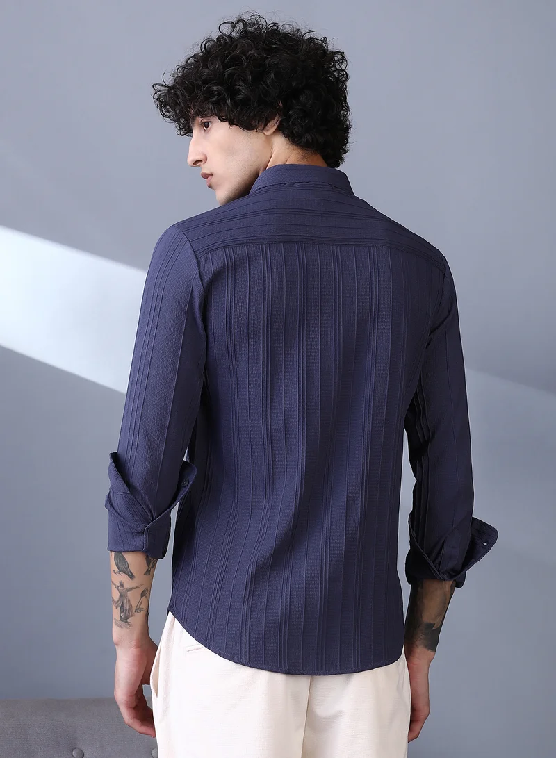 Campus Sutra Campus Sutra Men's Navy Blue Multitrack-Tactile Shirt For Casual Wear | Spread Collar | Long Cuffed Sleeves | Button Closure | Shirt Crafted With Comfort Fit For Everyday Wear