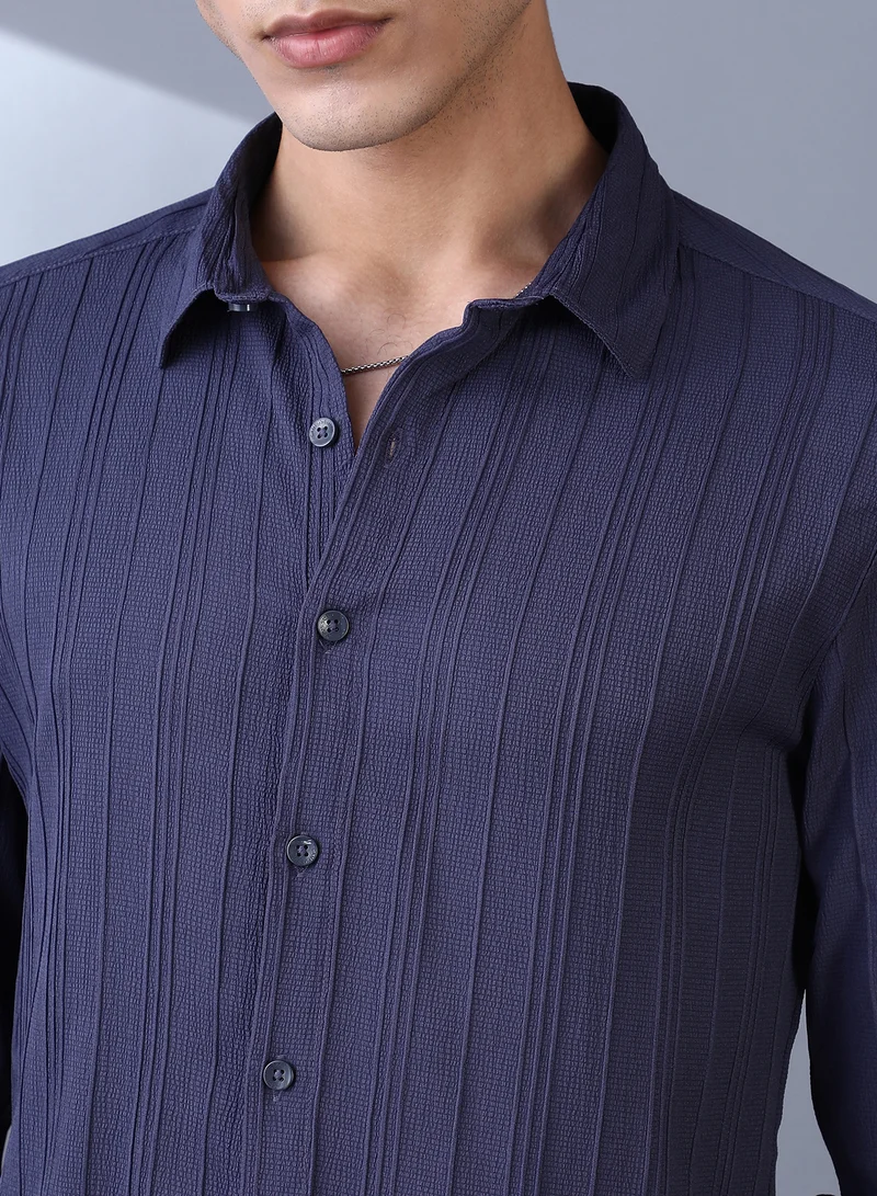 Campus Sutra Campus Sutra Men's Navy Blue Multitrack-Tactile Shirt For Casual Wear | Spread Collar | Long Cuffed Sleeves | Button Closure | Shirt Crafted With Comfort Fit For Everyday Wear
