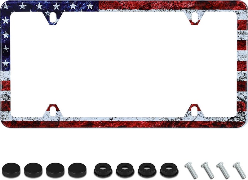 UNINDREM Vintage American Flag License Plate Frame - Stainless Steel Rust-Proof Holder with Screws - Image 1