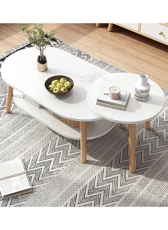 Nesting Coffee Table for Living Room Set of 2 Large Living Room Oval Coffee Tables and Small Round Side Table with Storage Rack 2 in 1 Sofa Tea Table with Solid Wood Color White Size(80x40x30)+(40x40x38)Cm