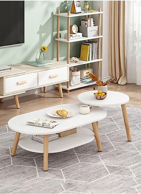 Nesting Coffee Table for Living Room Set of 2 Large Living Room Oval Coffee Tables and Small Round Side Table with Storage Rack 2 in 1 Sofa Tea Table with Solid Wood Color White Size(80x40x30)+(40x40x38)Cm