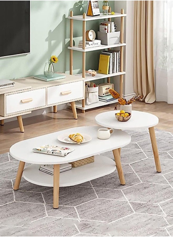 Nesting Coffee Table for Living Room Set of 2 Large Living Room Oval Coffee Tables and Small Round Side Table with Storage Rack 2 in 1 Sofa Tea Table with Solid Wood Color White Size(80x40x30)+(40x40x38)Cm