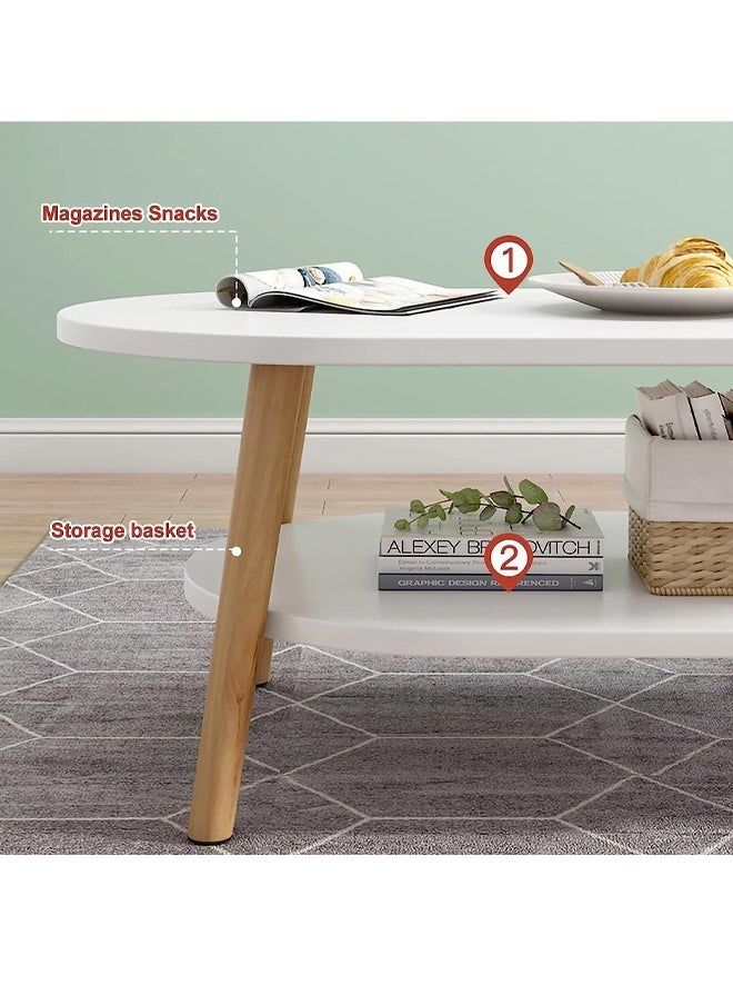 Nesting Coffee Table for Living Room Set of 2 Large Living Room Oval Coffee Tables and Small Round Side Table with Storage Rack 2 in 1 Sofa Tea Table with Solid Wood Color White Size(80x40x30)+(40x40x38)Cm