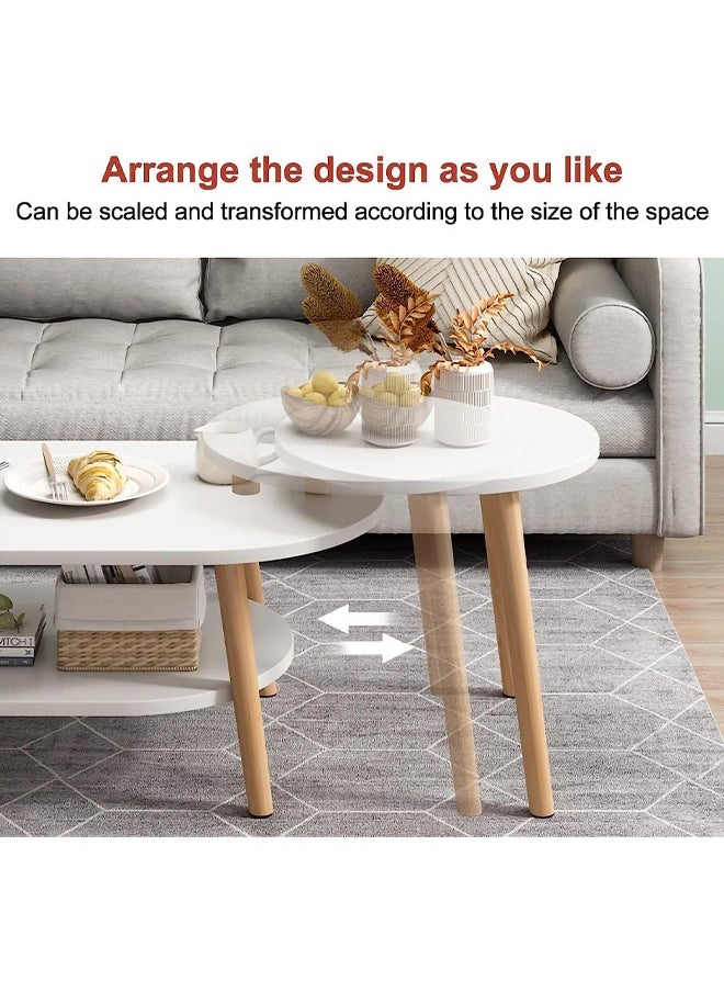 Nesting Coffee Table for Living Room Set of 2 Large Living Room Oval Coffee Tables and Small Round Side Table with Storage Rack 2 in 1 Sofa Tea Table with Solid Wood Color White Size(80x40x30)+(40x40x38)Cm
