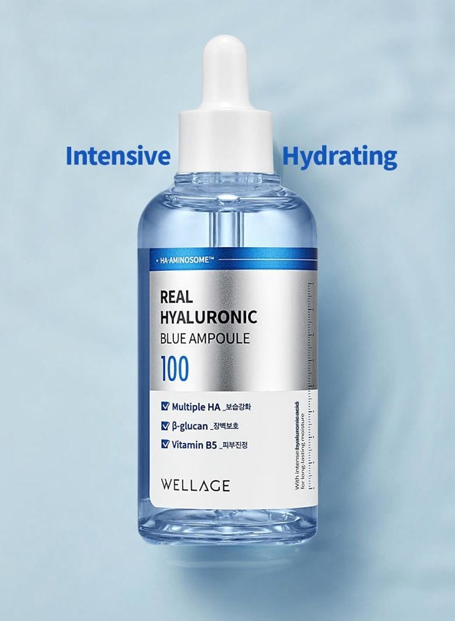 WELLAGE Real Hyaluronic Blue Ampoule 100, Fragrance Free Hyaluronic Acid Ampoule, Hydrating Non Sticky Serum for Sensitive Dry Skin, 2.54 fl.oz