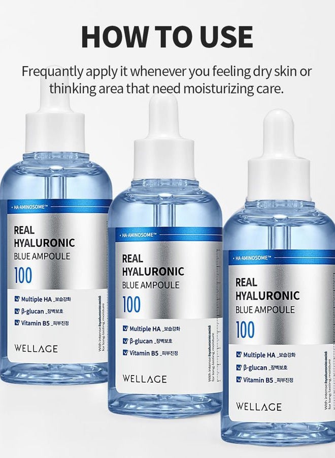 WELLAGE Real Hyaluronic Blue Ampoule 100, Fragrance Free Hyaluronic Acid Ampoule, Hydrating Non Sticky Serum for Sensitive Dry Skin, 2.54 fl.oz