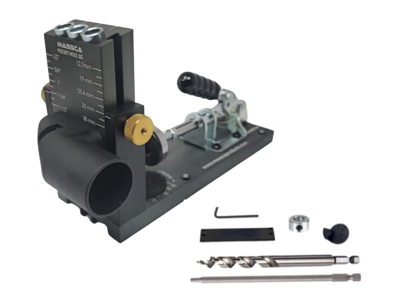 Massca Pocket Hole Jig Kit M1 - Adjustable & Easy to Use Pocket Screw Jig - Heavy Duty Drill Jig for Angled Holes with Drill Bit, Pocket Self Tapping Screws &Driver Bit, - Image 1