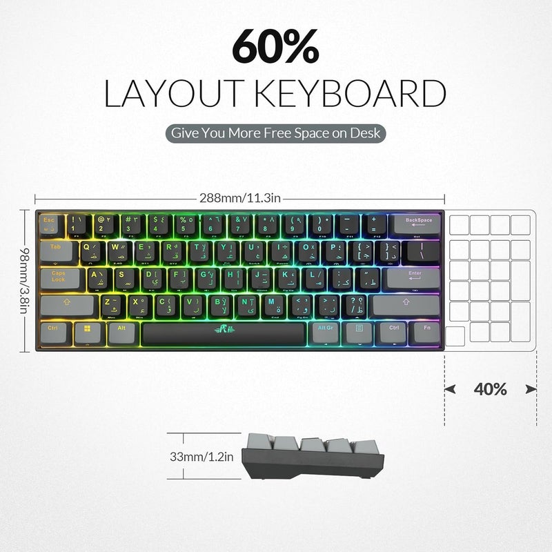 RII Demand fit global economical quality [Arabic layout]RK802 Wireless Gaming keyboard, 3 Modes(Bluetooth/2.4G/Wired), 60% Rechargeable RGB Backlit Gaming Keyboard Red Switch for PC Windows Laptop(Black) Practical versatile construction - Image 4