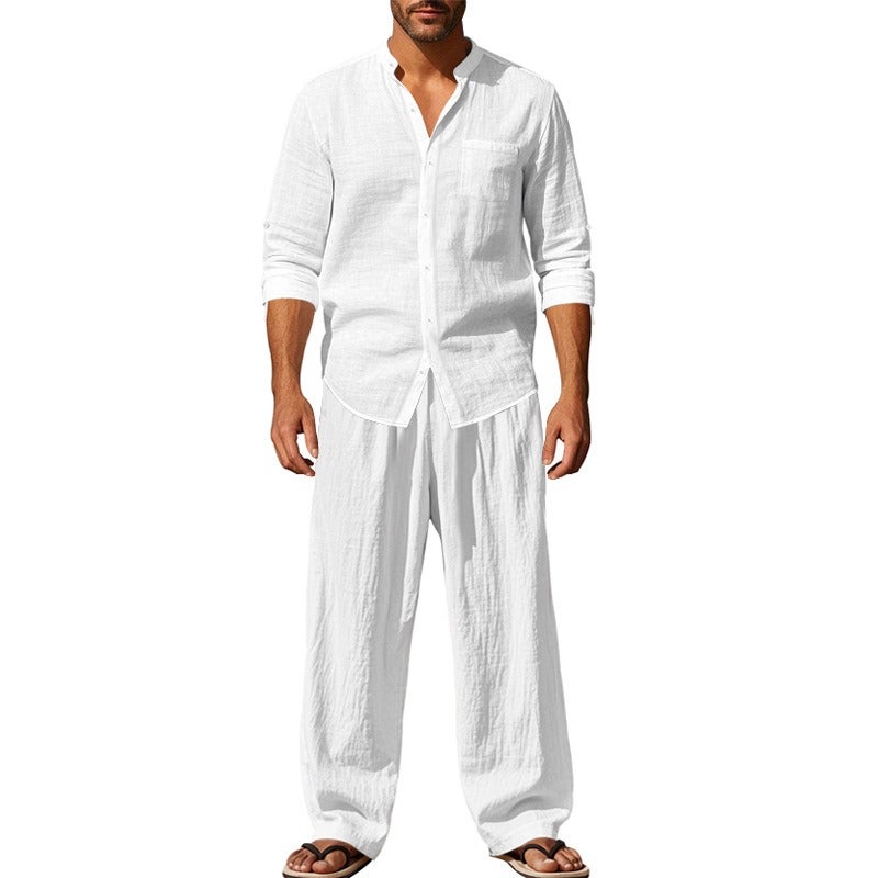 Cross-Border 2025 American-Style Four Seasons Linen Men's Casual Loose Breathable Long Sleeve Shirt and Pants Beach Set
