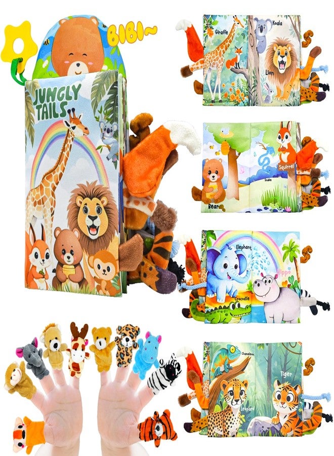Kimicare Baby Toys 0-6 Month, Crinkle Books for Babies, Jungle Tails Soft Baby Cloth Books 6 to 12 Months with 10 Pcs Jungle Animal Finger Puppets, Infant Tummy Time Sensory Toys, Newborn Gifts for Boys Girls - Image 1