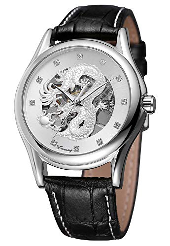 MASTOP Watches Mens Luxury Leather Men Automatic Mechanical Watch Dragon Collection Gold Skeleton Wrist Watch (Black Silver) - Image 1