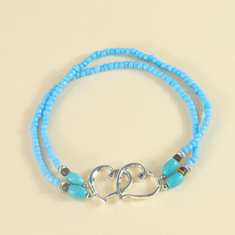 ANGLEQUEEN Elastic Beaded Ankle Bracelets for Women Double Heart Layered Stretch Ankle Bracelets Waterproof Dainty Boho Beaded Anklets for Summer Beach Foot Jewelry (Blue Silver) - Image 4