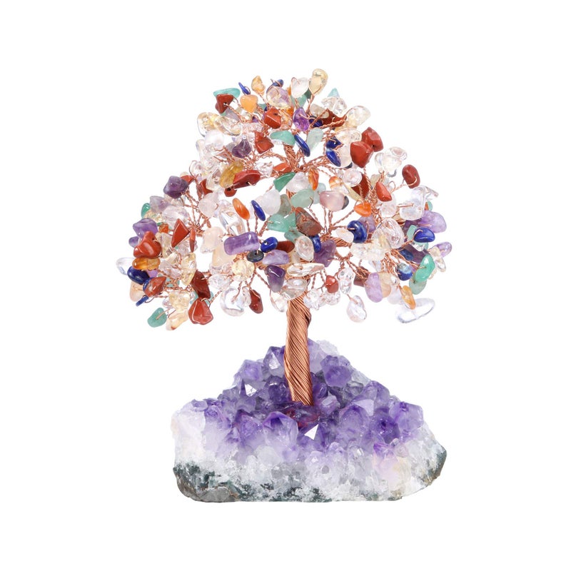 Jovivi Natural 7 Chakra Gemstone Healing Crystal Money Tree on Amethyst Cluster Geode Druzy Base Feng Shui Crystals for Home Office Desk Decorations WealthGood Luck