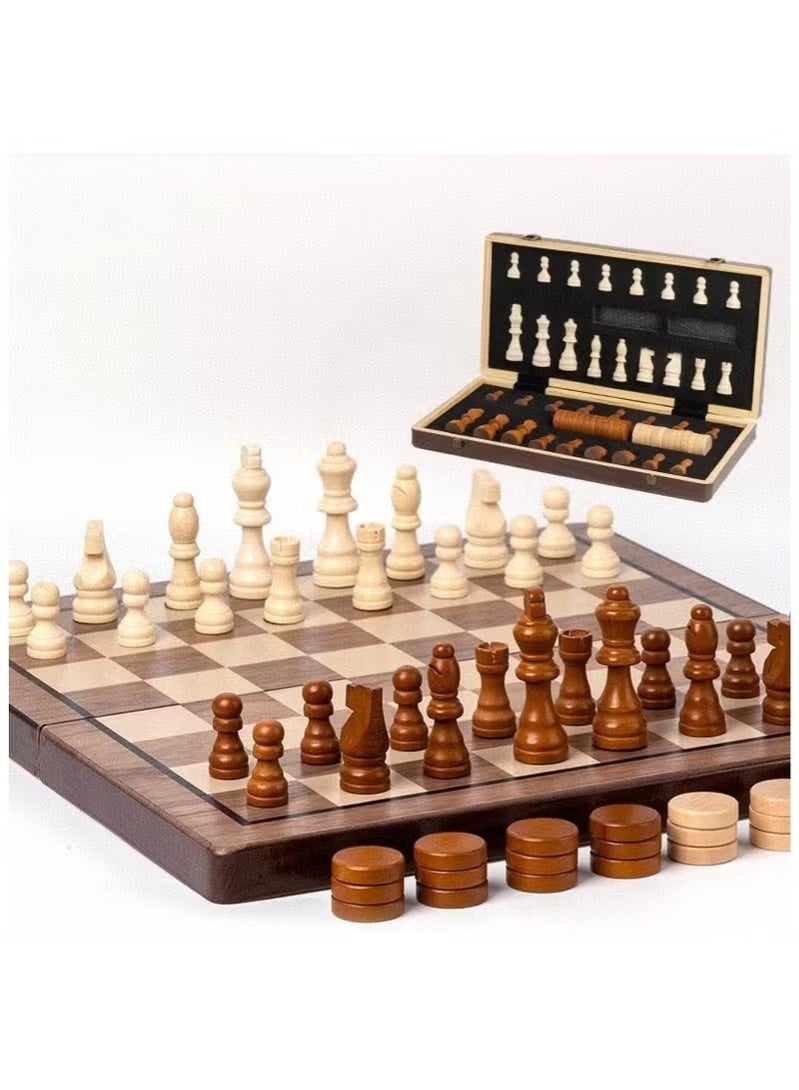 2 in one Chess and Checkers 38cm Premium Quality Wooden Big Magnetic Board Portable Folding Board Game - Image 1