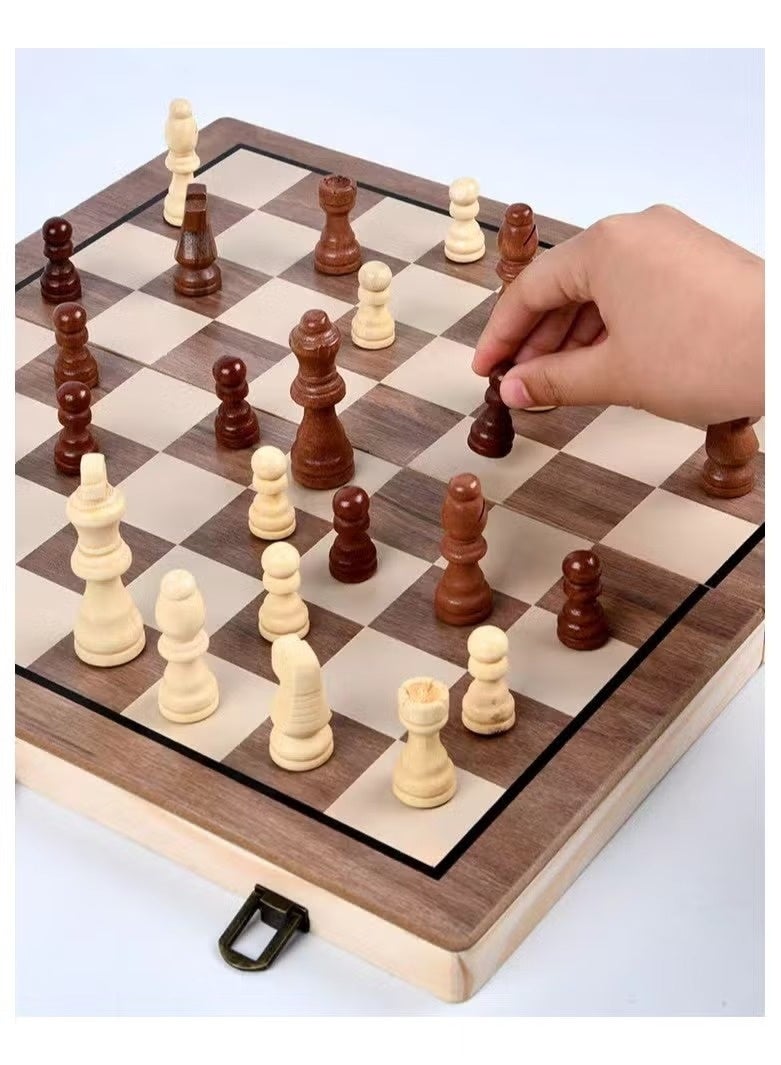 2 in one Chess and Checkers 38cm Premium Quality Wooden Big Magnetic Board Portable Folding Board Game - Image 2