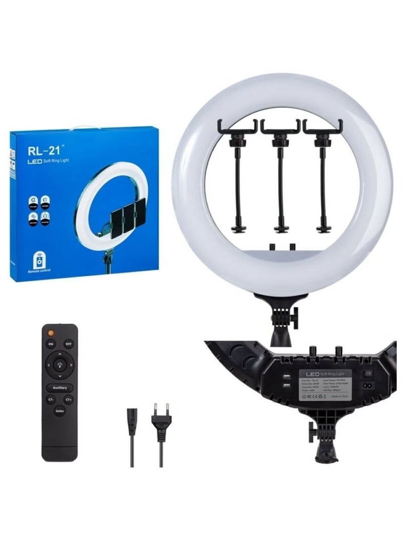 حلقة إضاءة سيلفي LED احترافية مقاس 21 بوصة (RL-21) مع حامل ثلاثي، جهاز تحكم عن بعد، و 3 حوامل هواتف - Image 2