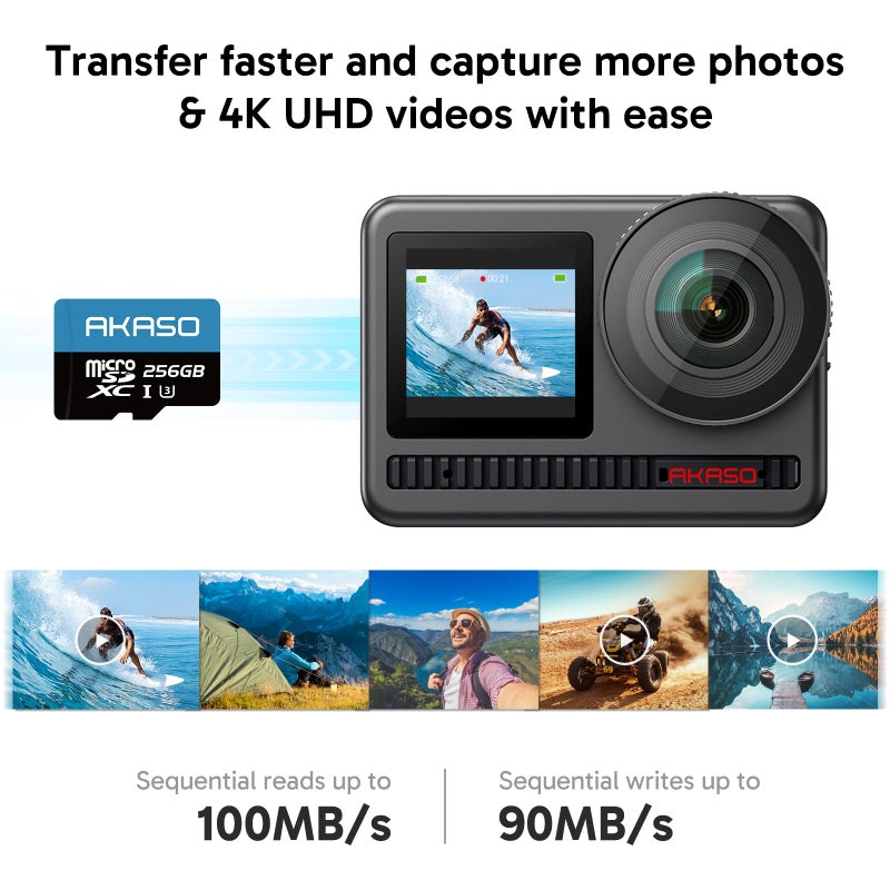 Akaso بطاقة الذاكرة AKASO microSDXC U3 بسعة 256 جيجابايت - تصل إلى 100 ميجابايت/ثانية، UHS-I C10، U3، دقة كاملة HD، 4K UHD، بطاقة MicroSD - Image 3
