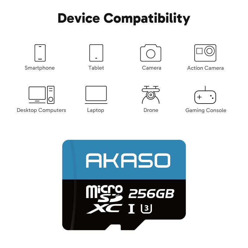 Akaso بطاقة الذاكرة AKASO microSDXC U3 بسعة 256 جيجابايت - تصل إلى 100 ميجابايت/ثانية، UHS-I C10، U3، دقة كاملة HD، 4K UHD، بطاقة MicroSD - Image 4