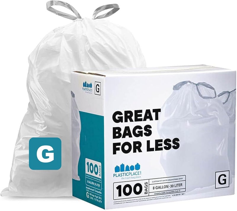يقلل التآكل اليومي أكياس القمامة المصممة خصيصًا Plasticplace، متوافقة مع simplehuman رمز G (100 عدد) بطانات قمامة بيضاء برباط سحب 8 جالون / 30 لتر، 17.5 × 28 بوصة خيارات شراء مرنة - Image 1