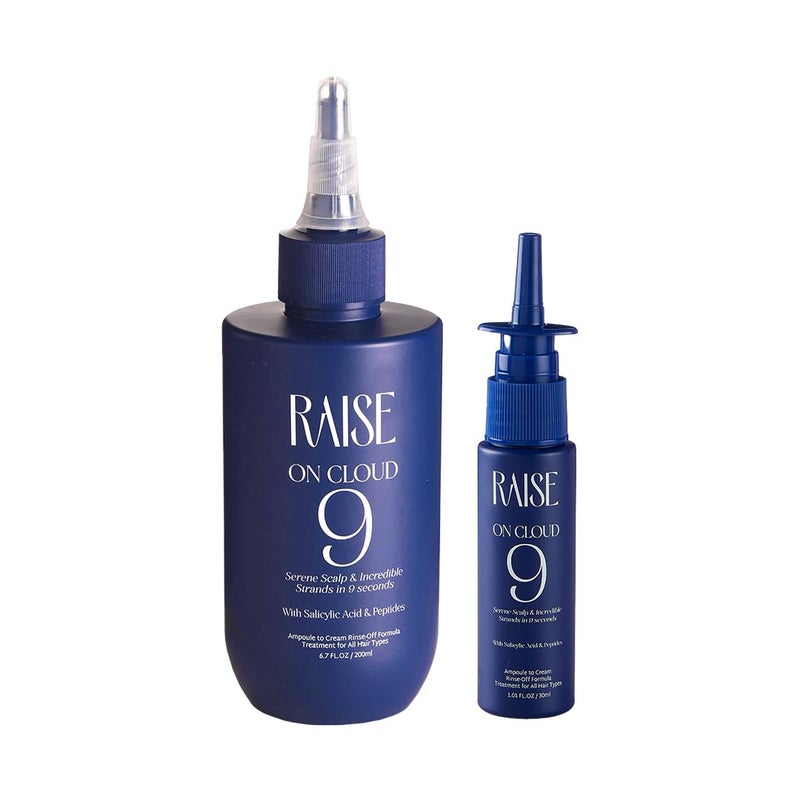Raise Raise On Cloud 9 Daily Travel Combo Scalp Strand Treatment Korean Glass Like Shine in 9 secs Amploule to Cream Wash Off treatment SLS Paraben Free Upto 100hrs Hydration 200ml30ml  - Image 1