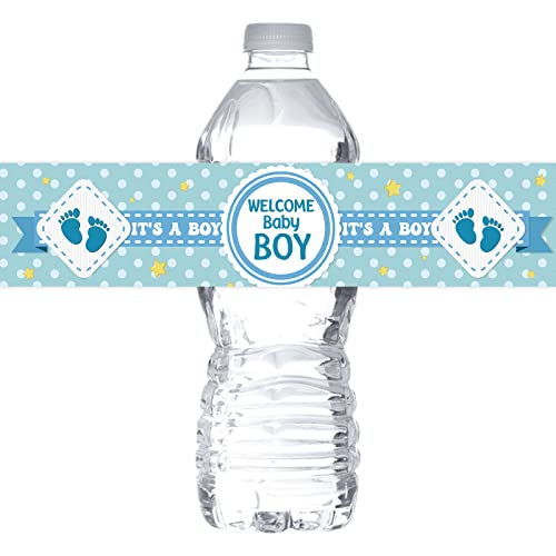 MonMon & Craft Welcome Baby Boy Water Bottle Stickers/Gender Reveal Bottle Wrappers/It's a Boy Water Labels Supplies/Baby Shower Decorations Blue (Set of 32) - Image 1