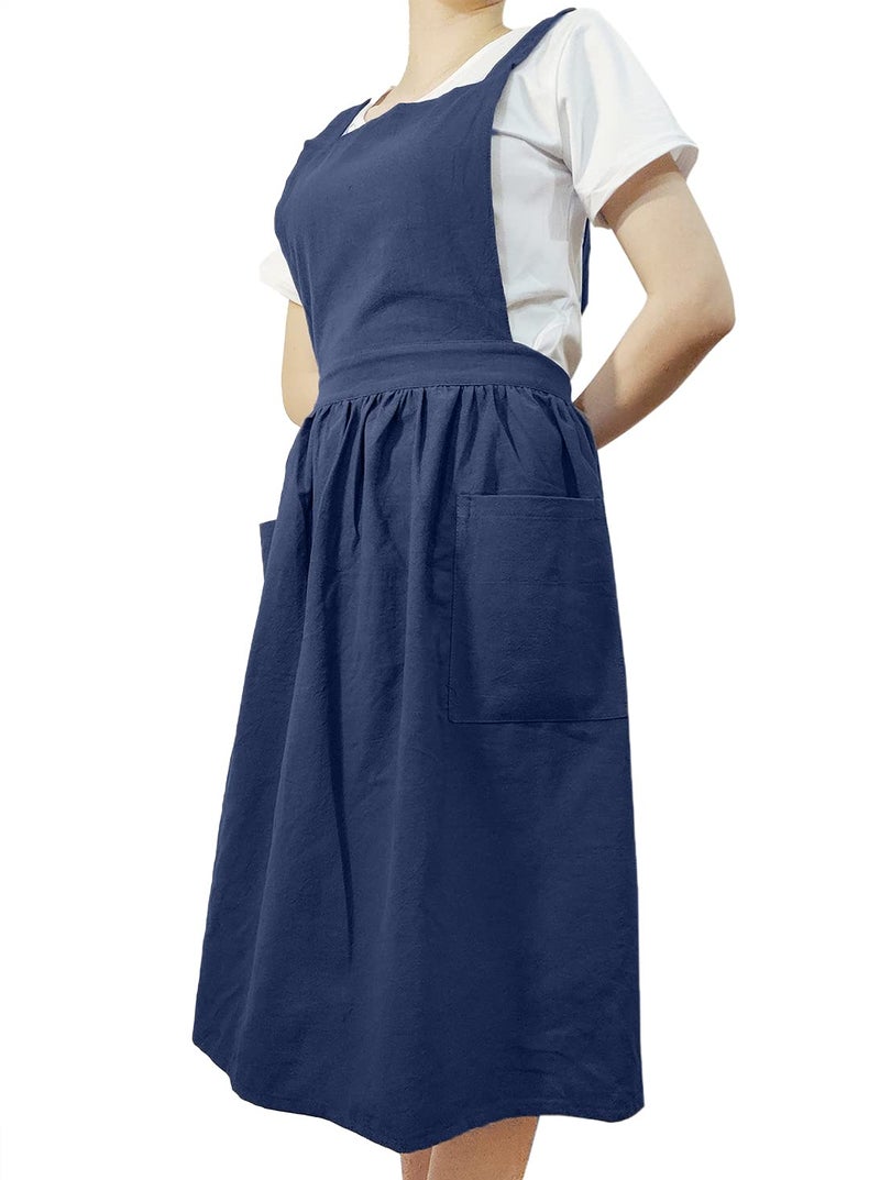 losofar Women Girls Vintage Apron Gardening Works Cross Back Pinafore Dress (navy, one size) - Image 4