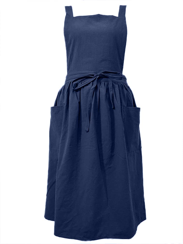 losofar Women Girls Vintage Apron Gardening Works Cross Back Pinafore Dress (navy, one size) - Image 1