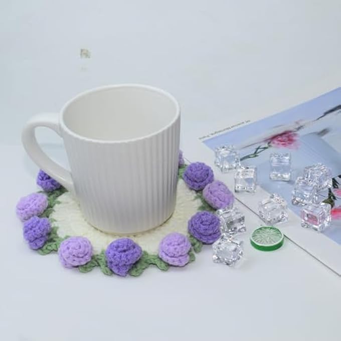 Clesante قواعد أكواب كروشيه مصنوعة يدويًا على شكل باقة زهور مع وعاء نباتات كروشيه، قواعد أكواب مشروبات ناعمة مزخرفة رائعة لحماية سطح الطاولة وديكور المنزل باللون الأرجواني - Image 5