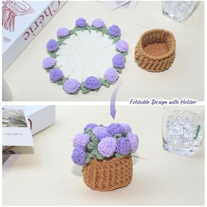 Clesante قواعد أكواب كروشيه مصنوعة يدويًا على شكل باقة زهور مع وعاء نباتات كروشيه، قواعد أكواب مشروبات ناعمة مزخرفة رائعة لحماية سطح الطاولة وديكور المنزل باللون الأرجواني - Image 4