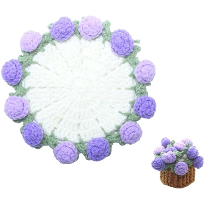 Clesante قواعد أكواب كروشيه مصنوعة يدويًا على شكل باقة زهور مع وعاء نباتات كروشيه، قواعد أكواب مشروبات ناعمة مزخرفة رائعة لحماية سطح الطاولة وديكور المنزل باللون الأرجواني - Image 2