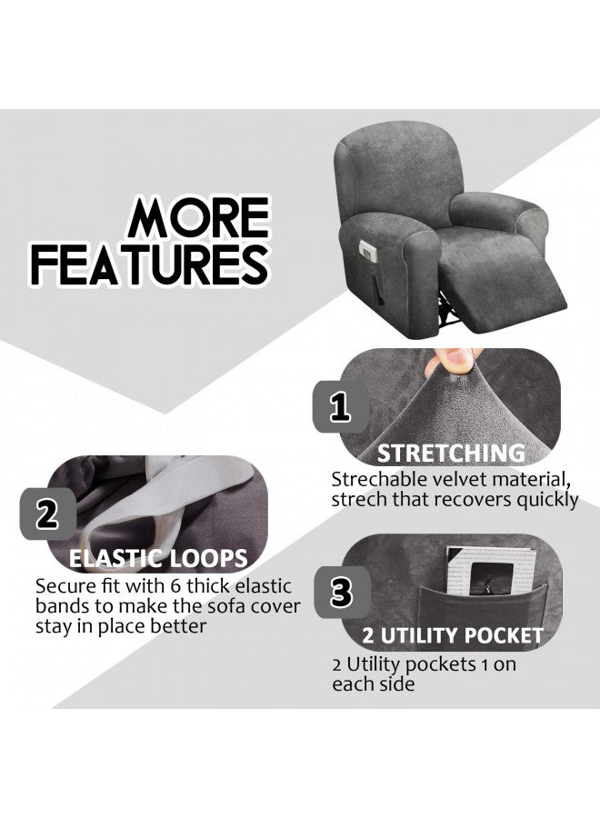 ULTICOR 4-Piece, 1 Seat Recliner Cover, Velvet Stretch Reclining Chair Covers for 1 Cushion Reclining Sofa, Single Seat Recliner Couch Cover, Thick, Very Soft, Machine Washable (Dark Grey) - Image 3