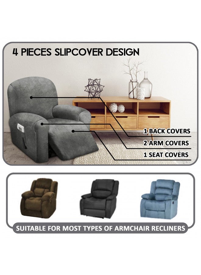 ULTICOR 4-Piece, 1 Seat Recliner Cover, Velvet Stretch Reclining Chair Covers for 1 Cushion Reclining Sofa, Single Seat Recliner Couch Cover, Thick, Very Soft, Machine Washable (Dark Grey) - Image 1