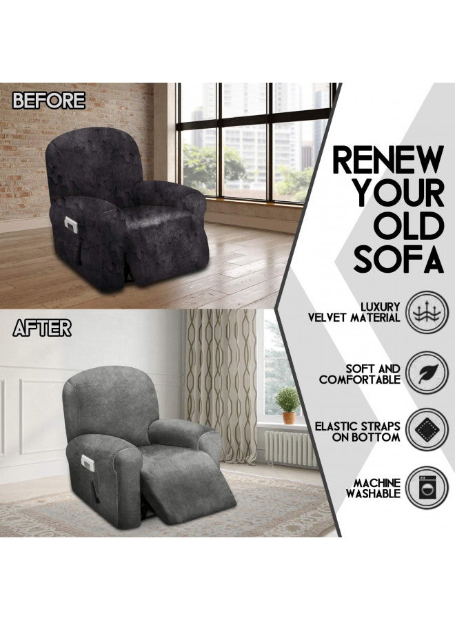ULTICOR 4-Piece, 1 Seat Recliner Cover, Velvet Stretch Reclining Chair Covers for 1 Cushion Reclining Sofa, Single Seat Recliner Couch Cover, Thick, Very Soft, Machine Washable (Dark Grey) - Image 4