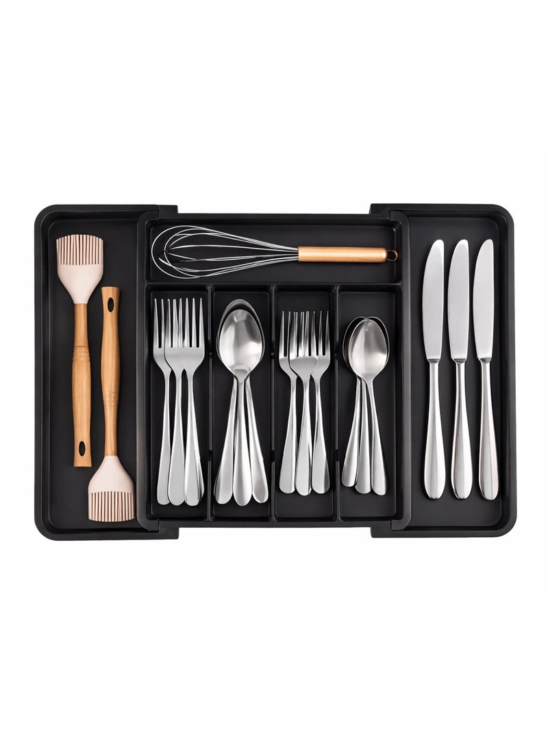 Toshionics Silverware Drawer Organizer, Expandable Utensil Tray for Kitchen, BPA Free Flatware and Cutlery Holder, Adjustable Plastic Storage for Spoons, Forks, Knives, Black - Image 1